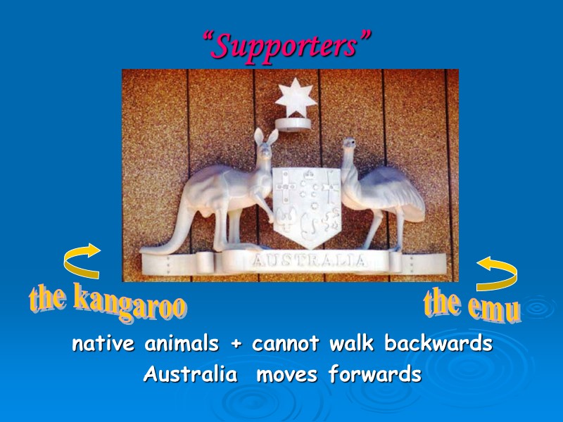 “Supporters” native animals + cannot walk backwards  Australia  moves forwards the kangaroo